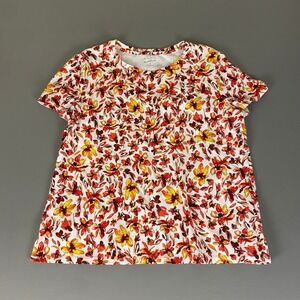 Studio Works Floral Print T-Shirt Top XL Red White Yellow Crew Neck Short Sleeve